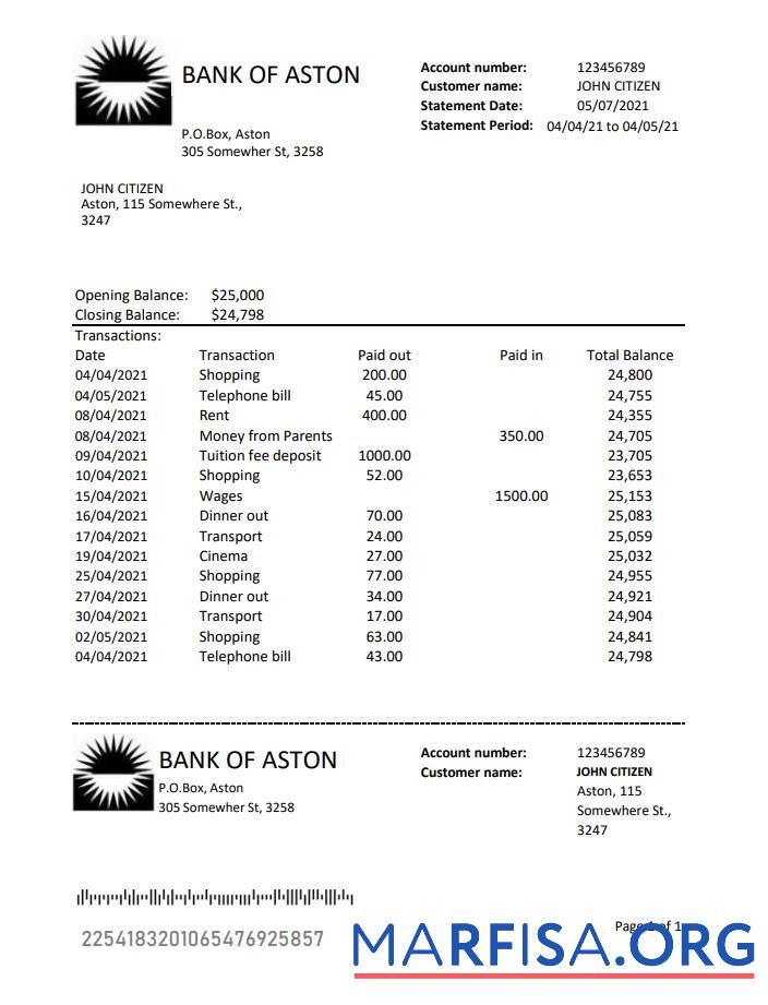 Downloadable United Kingdom Bank of Aston bank statement excel example